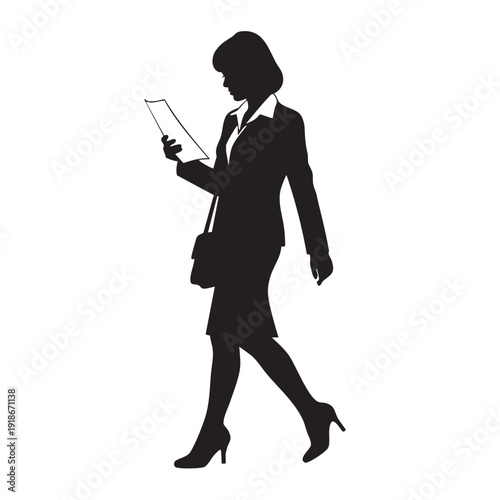 Businesswoman walking and reading a document, side view silhouette illustration representing corporate tasks and multitasking