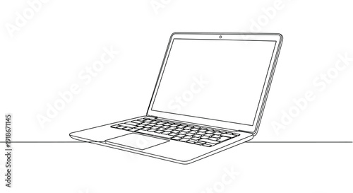 Laptop computer open with a blank screen, line art illustration.