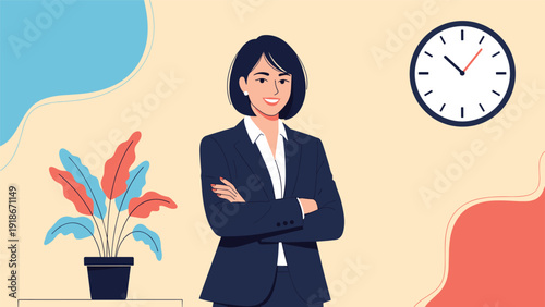 Confident professional woman in a dark business suit standing with arms crossed in a modern corporate office setting.