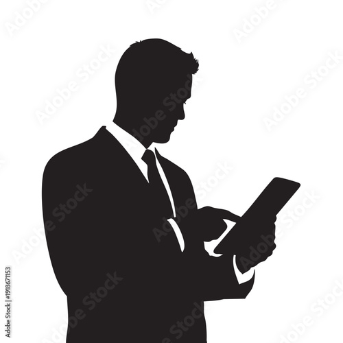 Businessman silhouette working on tablet, male person in suit using digital device, focused professional checking information on electronic gadget