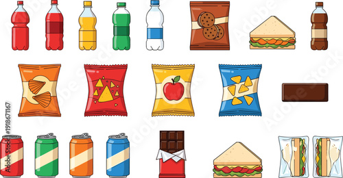 Snack food and drink cartoon icon set with chips soda cans sandwiches chocolate cookies packaged junk food vector illustration collection