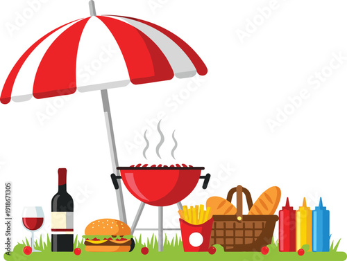 Summer barbecue picnic vector illustration with grill umbrella burger fries wine basket condiments outdoor food party flat design composition