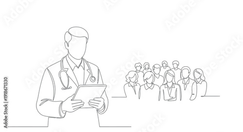 Single line drawing of a doctor presenting to an audience