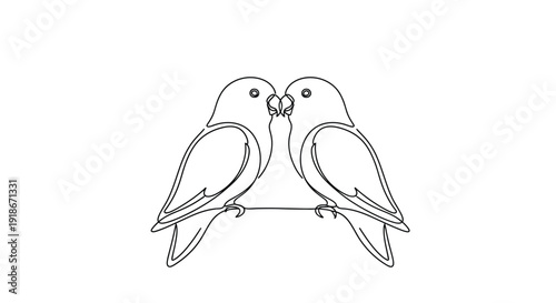 Single line drawing of two lovebirds kissing