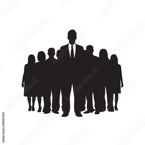 Corporate team silhouette with leader standing in front of diverse group of professional colleagues vector design for business management leadership unity workforce structure staff organization model