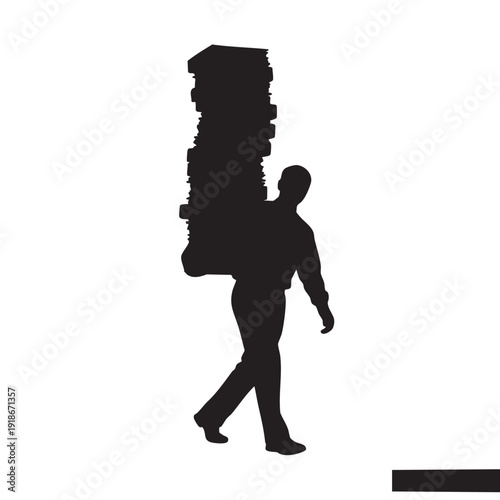 Man carrying large stack of documents on shoulder, side view, vector silhouette, isolated character representing heavy workload, administrative burden, or overwhelming tasks in business