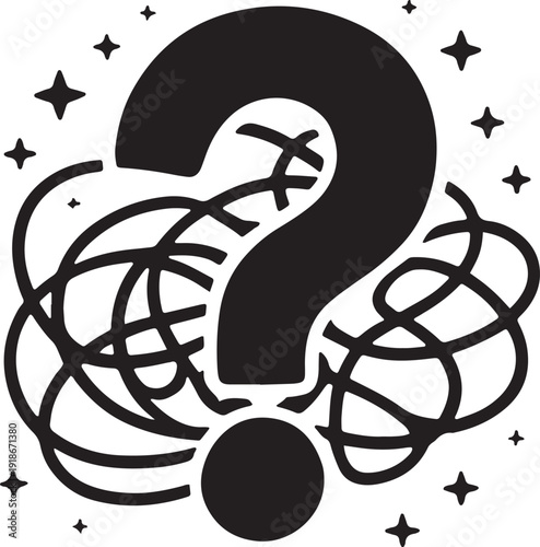 Large question mark tangled with abstract lines and surrounding sparkling stars vector illustration