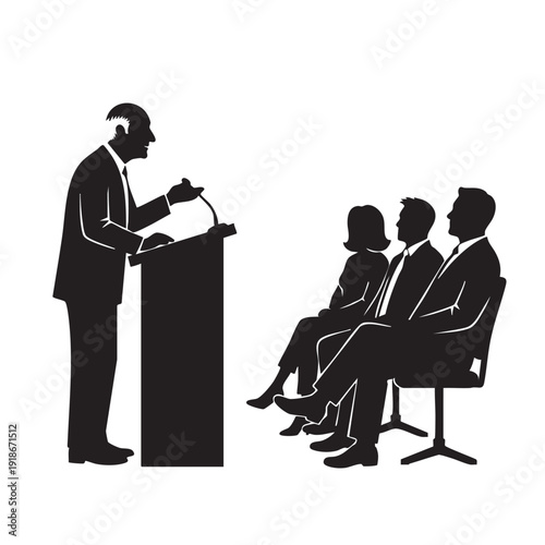 Professional speaker at podium delivering presentation to audience in suit silhouette vector design for corporate events business conferences seminars educational workshops public speaking engagements