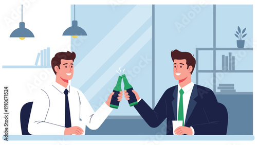 Two professional businessmen clinking beer bottles together while celebrating a successful deal in a modern office.