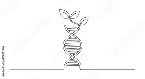 Single DNA helix strand with a plant sprout, single line art, biology concept