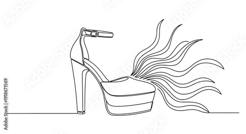 Platform high heel shoe with fiery trails, single line art, fashion concept