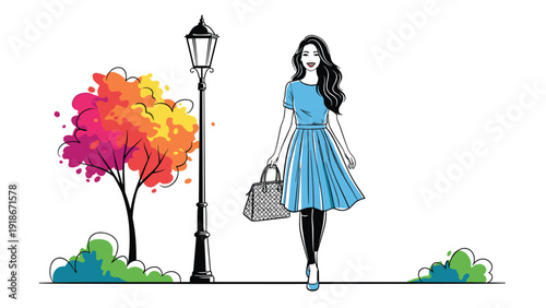 Elegant young woman in a blue dress walking gracefully through a park with a colorful tree and a street lamp.