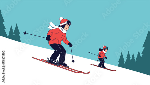 Two people wearing red winter jackets and hats skiing down a snowy mountain slope together on a bright cold day.