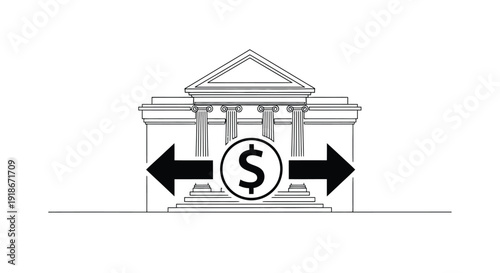 Bank building with dollar sign and arrows, single line art, finance concept