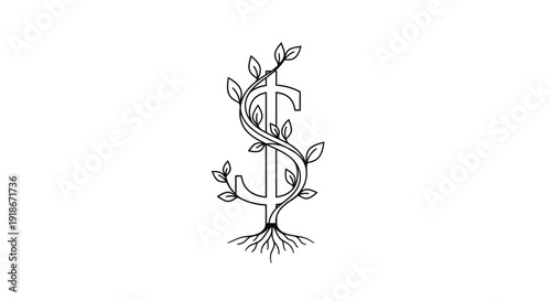 Dollar sign growing like a tree with roots and leaves