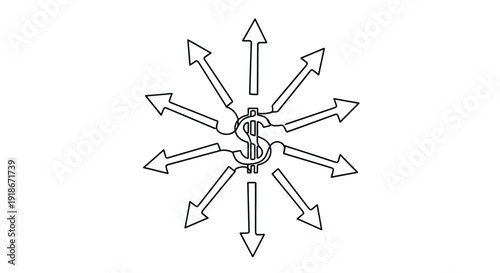 Dollar sign with arrows radiating outwards on white background