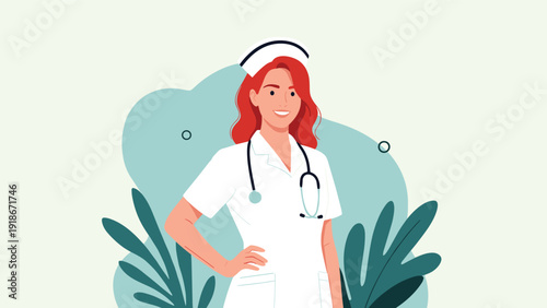 Friendly young female nurse in a white uniform and medical cap standing with her hands on her hips and smiling.