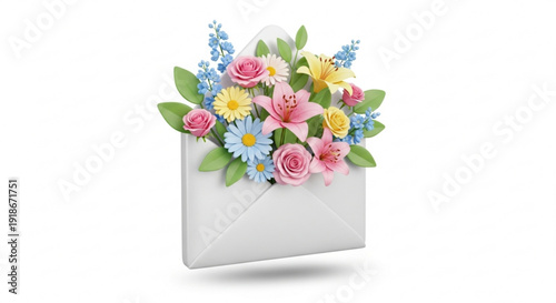 Colorful bouquet of flowers emerges from a white envelope on plain background
