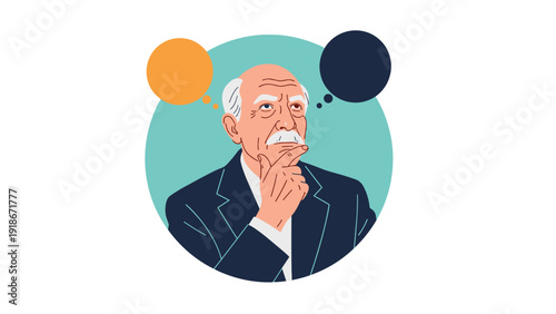 Thoughtful senior man in a suit looking upwards with thought bubbles while contemplating an important decision.