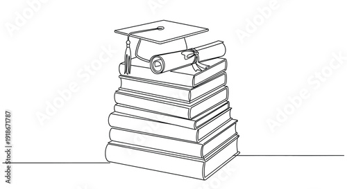 Stack of books with graduation cap and diploma