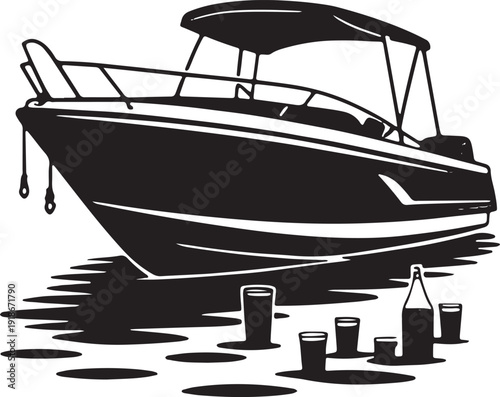 Motor boat cruising on water with drinks like beer bottles and glasses nearby