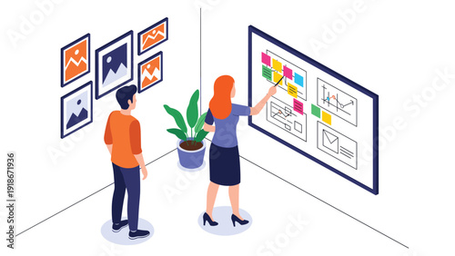 Professional woman using a pointer to explain diagrams on a large screen or whiteboard to a male colleague in a modern office.