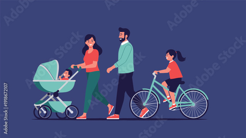 Active family walking together while a child rides a bicycle and a baby is pushed in a stroller against a dark blue background.