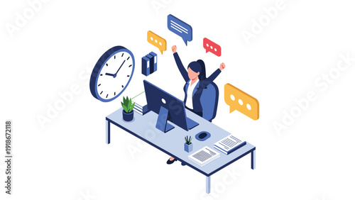 Successful business woman raising her arms in celebration while sitting at her office desk with a computer and message icons.