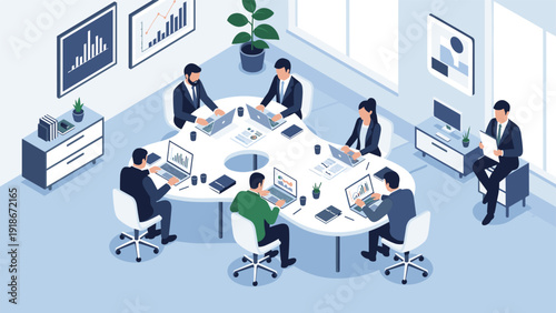 Diverse group of professional people working at their laptops around a large shared table in a modern corporate office setting.