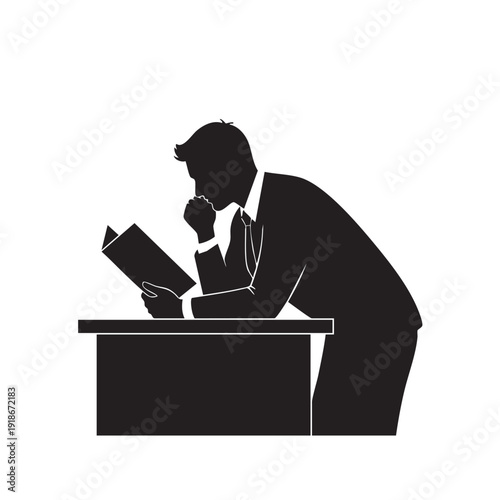 Businessman in suit reading book at desk, full body silhouette of male professional studying, isolated vector on white background for education or business