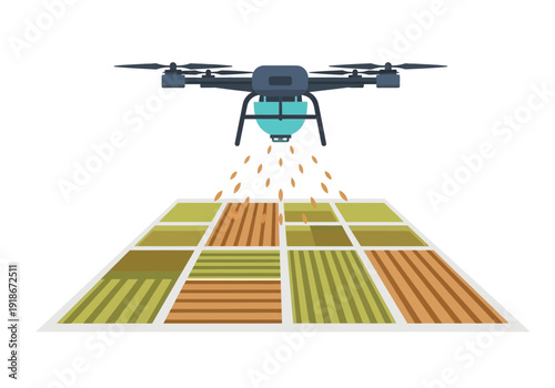 Automated drone spraying seeds over diverse agricultural fields, showcasing precision farming technology vector illustration.