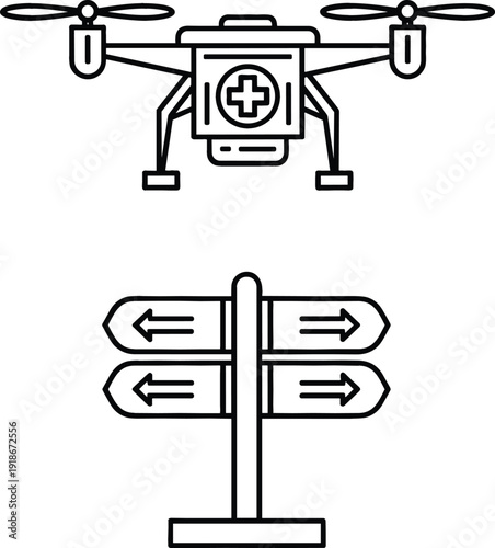 Medical Drone Delivery and Directional Signpost Icon Set Featuring Healthcare Transport Technology and Navigation Symbols for Emergency and Logistics Design