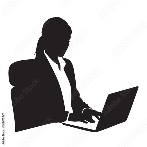 Businesswoman silhouette using laptop computer at desk represents female office worker professional executive typing on keyboard multitasking in workspace modern lady entrepreneur working online