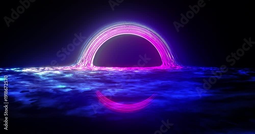 Futuristic neon black hole with purple and blue glowing accretion disk in deep space.