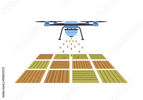 High-Tech Agricultural Drone Spreading Seeds Over Farm Fields, Illustrating Precision Farming for Automated Crop Cultivation