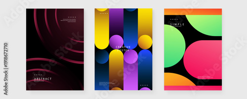 A set of three modern abstract backgrounds featuring dark minimalist circles colorful vertical cylinders and organic geometric shapes bundle