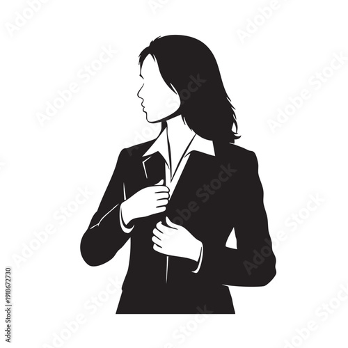 Silhouette profile of businesswoman adjusting suit jacket, looking to side, black hair, wearing formal attire, professional look, white background, confident pose.