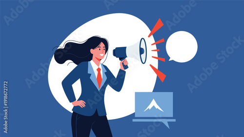 Empowered businesswoman shouting into a megaphone to make an announcement or promote a business idea or sale.