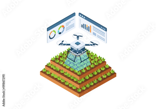 Isometric illustration of smart farming drone overseeing terraced crops, integrating data analytics for precision agriculture optimization.