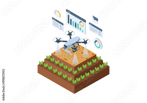 Isometric illustration of an automated agricultural drone spraying crops in a smart farm field, with data analytics for precision farming.