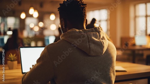 Concentrated individual working diligently on a laptop in a contemporary office setting during an evening session, highlighting focus and digital productivity