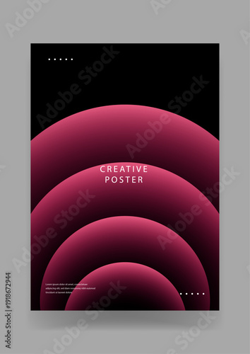 A creative poster template featuring concentric circular shapes with reddish pink gradients against a solid black background