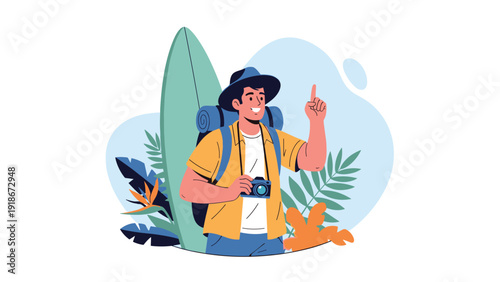 Young male hiker with a backpack and camera standing near a surfboard and tropical leaves, pointing up with a joyful expression.