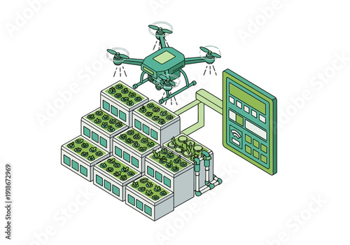 Automated drone overseeing a modern vertical hydroponic farm and smart cultivation system, showcasing future agriculture technology concept.
