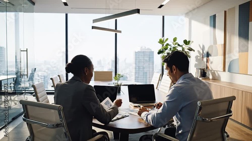 Business meeting in progress with diverse colleagues collaborating around a conference table in a modern office setting