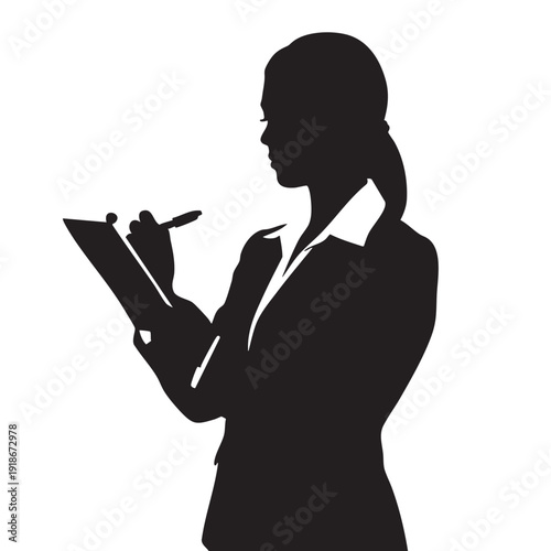 Woman silhouette writing in notepad on white background black drawing business lady taking notes in document isolated vector illustration of professional female worker