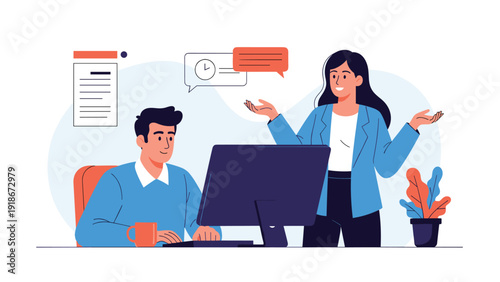 Professional office colleagues working together where a woman explains a task to a man sitting at a computer desk with documents.