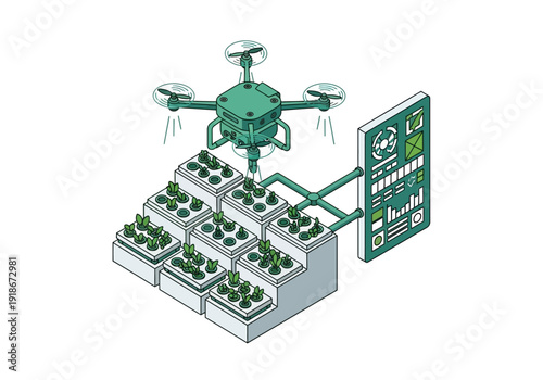 Automated Drone Overseeing Vertical Farm Cultivation with Data Monitoring System - Isometric Illustration of Sustainable Agriculture Innovation