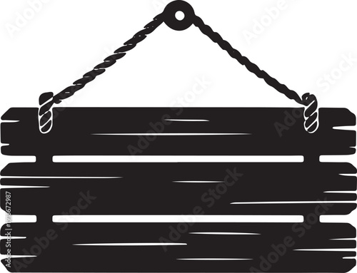 Wooden hanging sign board vector illustration with rope and blank space for text or messages