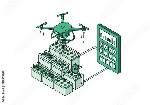 Automated drone overseeing a high-tech hydroponic vertical farm, displaying cultivation data and smart agriculture progress